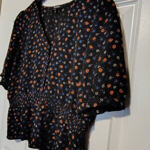 Madewell Smocked-Waist Top in Prairie Posies Floral Tunic 3/4 Sleeve Peplum